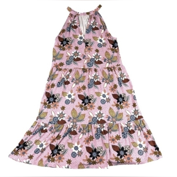 LOFT Pink Floral Sleeveless Halter Tiered Swing Dress Size 14 - Picture 10 of 12